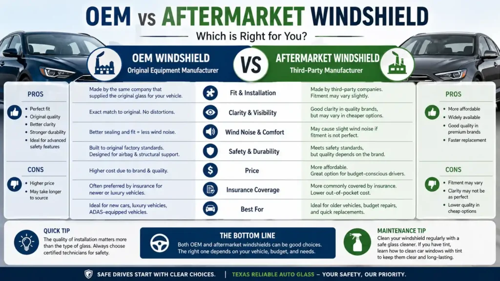OEM vs aftermarket windshield comparison infographic showing differences in fit, clarity, safety, price, pros, and cons for car glass replacement