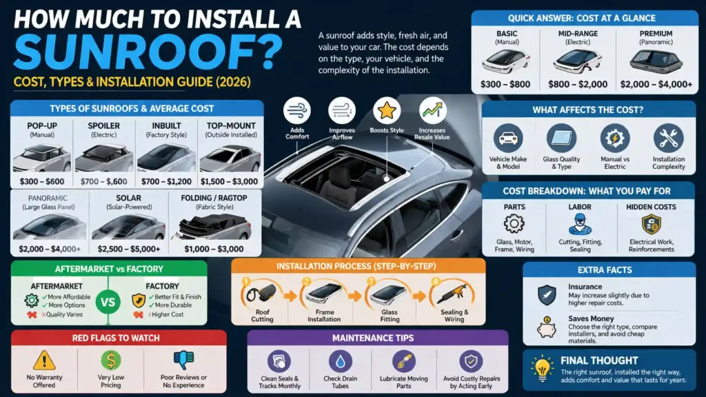 Infographic showing how much it costs to install a sunroof, types, installation steps, and price breakdown in cars.