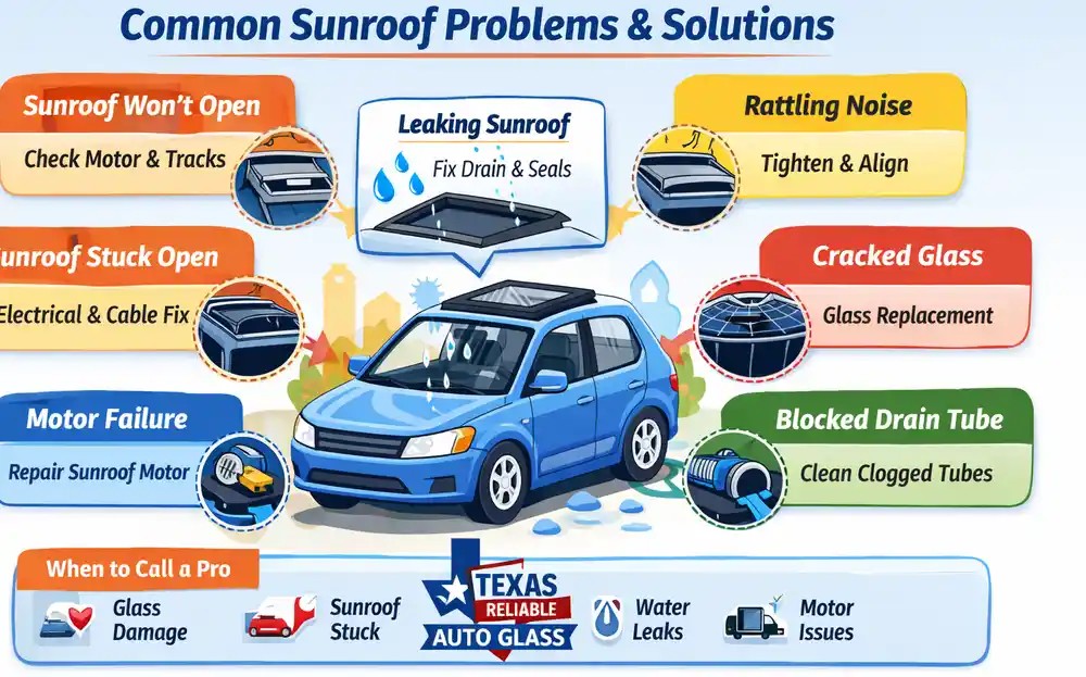 Common sunroof problems infographic showing leaking sunroof, sunroof stuck open, cracked glass, rattling noise, motor failure, and blocked drain tube with repair solutions