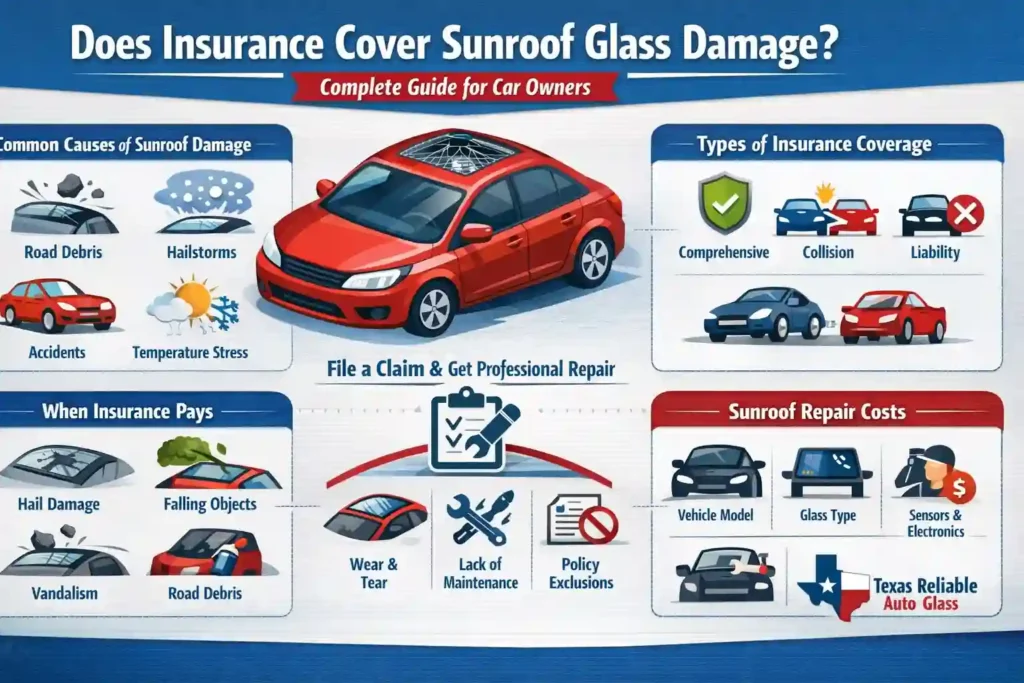 Infographic explaining does insurance cover sunroof glass damage, including causes of sunroof damage, types of car insurance coverage, claim situations, and sunroof repair costs.