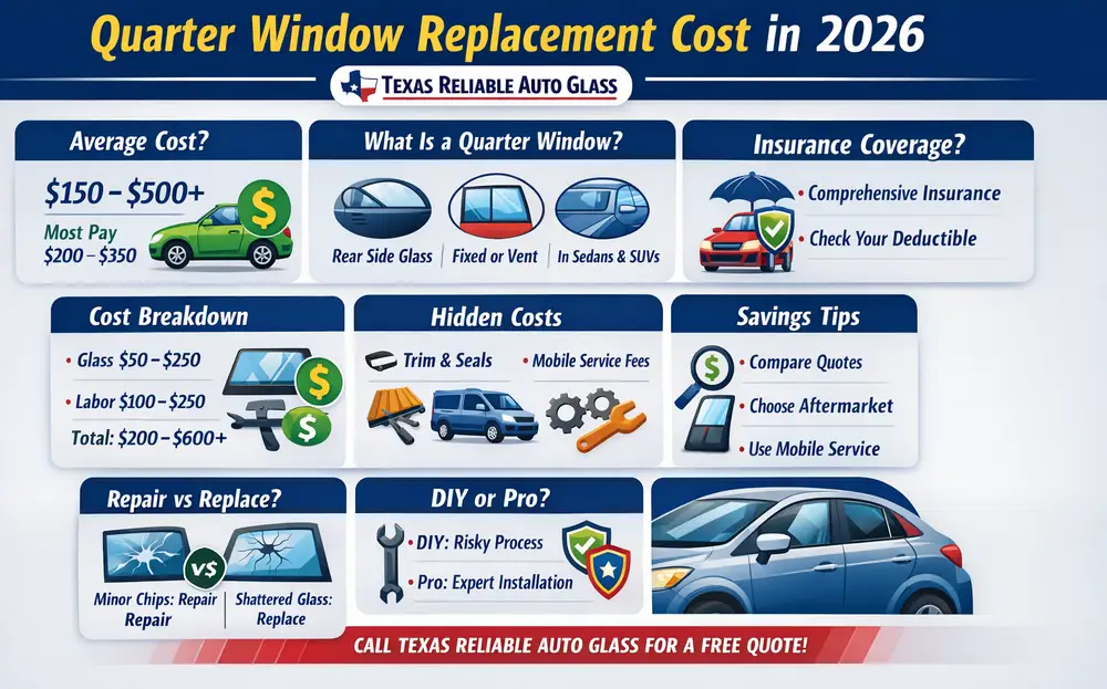 Infographic showing Quarter Window Replacement Cost in 2026, including average price range, cost breakdown, types of quarter windows, signs of damage, DIY vs professional replacement, hidden costs, savings tips, and insurance coverage.