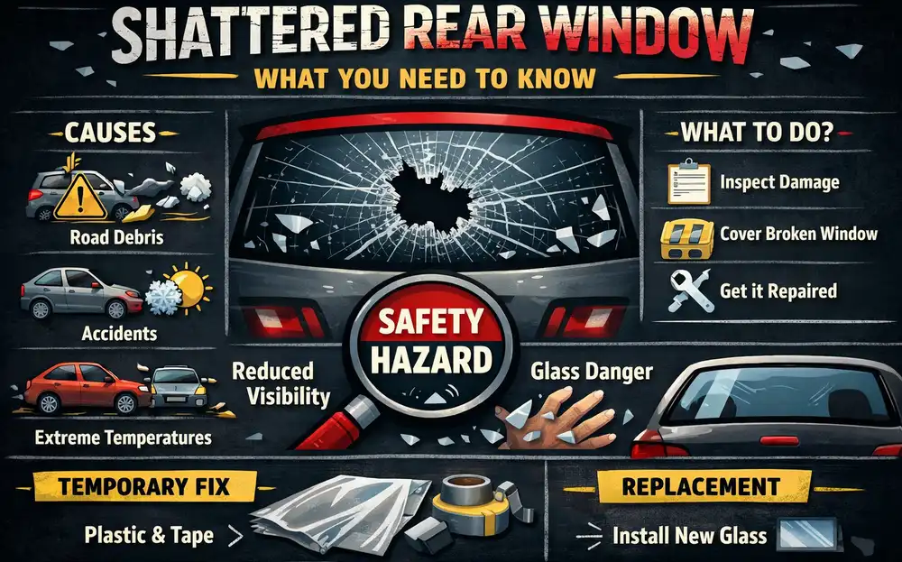 Infographic showing a shattered rear car window with causes, safety hazards, temporary fixes, and replacement steps illustrated.