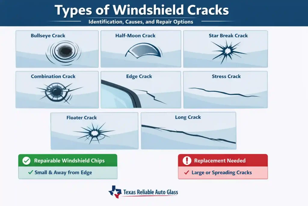 Infographic showing the different types of windshield cracks, including Bullseye, Half-Moon, Star Break, Combination, Edge, Stress, Floater, and Long cracks, with repair guidance for small chips and replacement recommendations for large or spreading cracks.