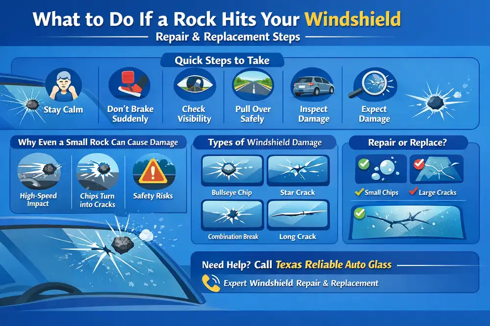 What to do if a rock hits your windshield infographic showing steps like staying calm, checking damage, and repair vs replacement options