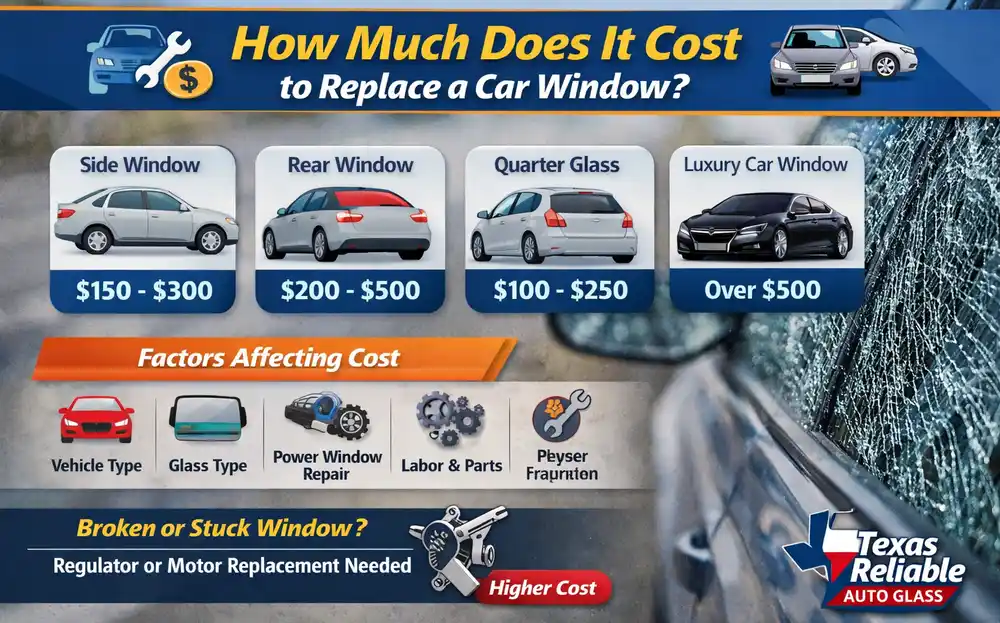 How much does it cost to replace a car window infographic showing side, rear, quarter, and luxury car window replacement cost with price ranges and cost factors