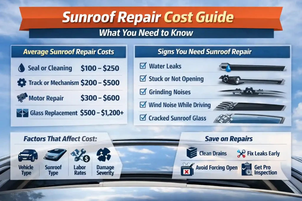 Sunroof repair cost infographic showing average repair prices, common sunroof problems, signs of damage, and factors affecting sunroof repair cost.