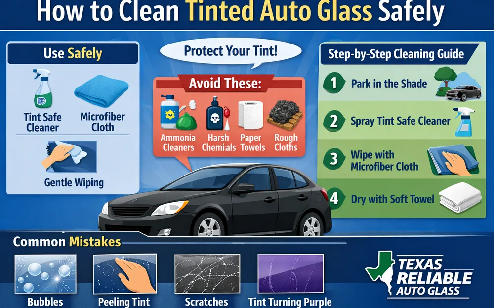 Infographic showing how to clean tinted auto glass safely using tint safe cleaner, microfiber cloth, and step-by-step cleaning guide with common mistakes to avoid.