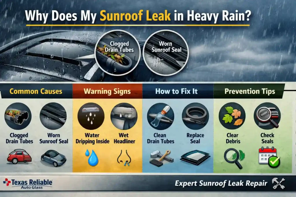 Infographic explaining why a sunroof leaks in heavy rain, showing causes like clogged drain tubes and worn seals, warning signs, fixes, and prevention tips.