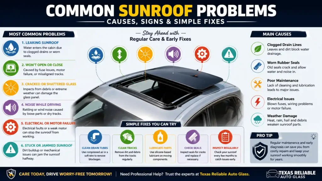 Infographic showing common sunroof problems in cars, including leaks, stuck sunroof, cracked glass, noise issues, and motor failure with simple maintenance tips.