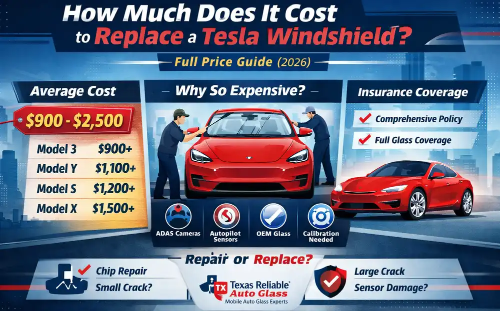 How much does it cost to replace a Tesla windshield infographic showing $900–$2,500 cost, model-wise pricing, and insurance coverage details.